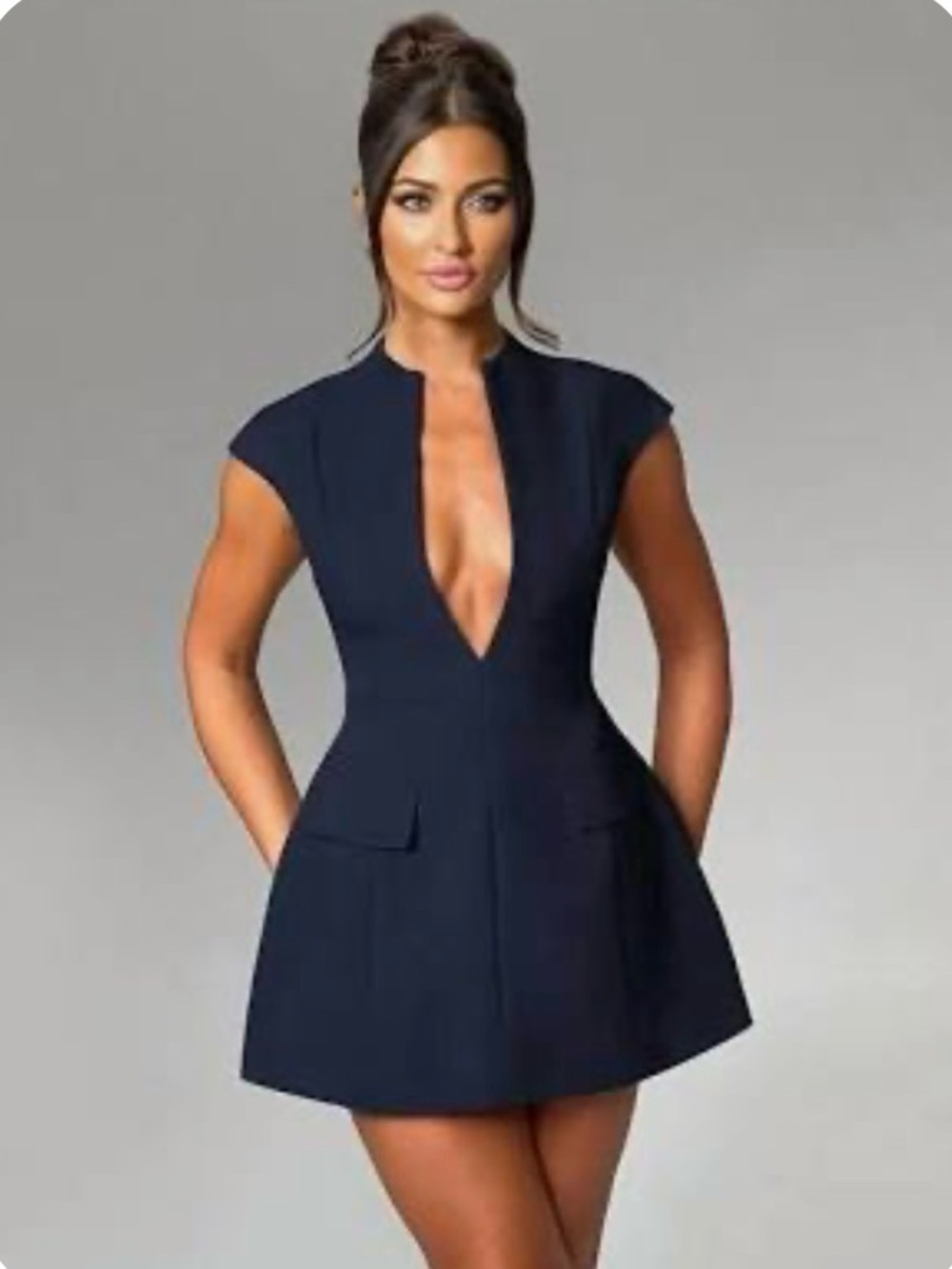 New! Sexy Navy Deep V Neck Cap Sleeve A-line Mini Club Party Dress